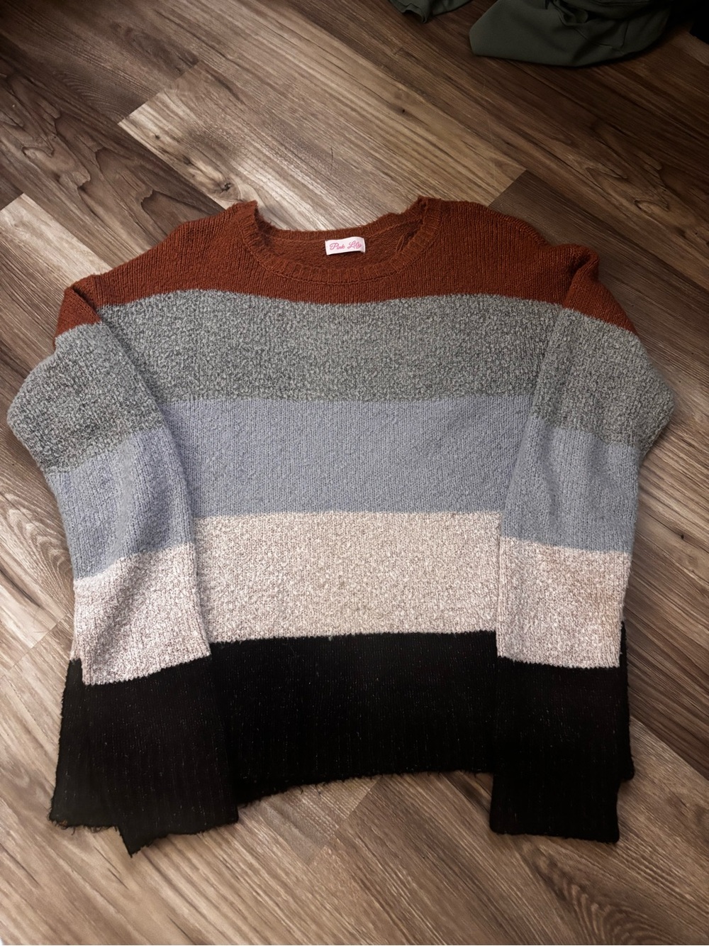 Pink Lily Cozy Striped Crewneck Sweater in Rust, Gray, Blue, Cream & Black